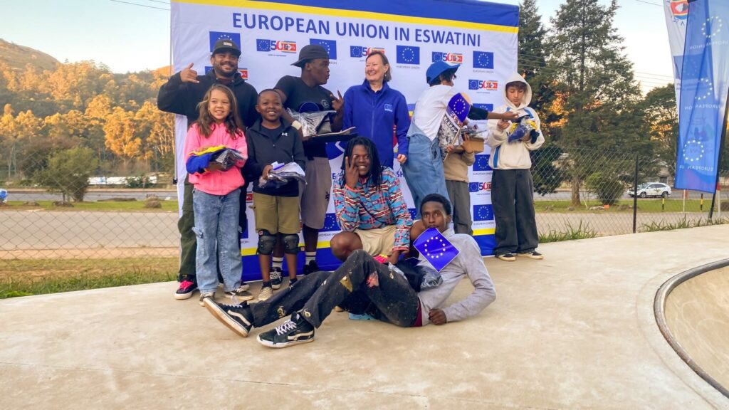 EU Head of Cooperation Eva-Maria Engdahl shares a moment with some of the young participants at the Emaswati Skate competition at the Lafezeka Skate Park in Mbabane on Saturday, as the EU celebrated 50 years of partnership with Eswatini. (Photo: EU in Eswatini)