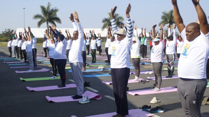 HMCS officers take part in a yoga session organised by the High Commission of India in Mbabane, themed "Yoga for Healthy Ageing" ahead of the 12th International Day of Yoga on 21 June. Photo: High Commission of India, Mbabane