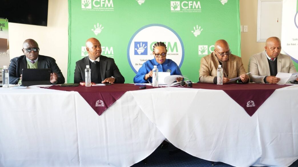 Lesotho Deputy Prime Minister Justice Nthomeng Majara, flanked by ministers including Honourable Stephen Mputi, Honourable Moeketsi Motšoane, Honourable Motlatsi Maqelepo and Honourable Matjato Moteane, during the press conference on the upcoming Leadership Forum and Accountability Summit in Maseru. | Photo: Lesotho Government