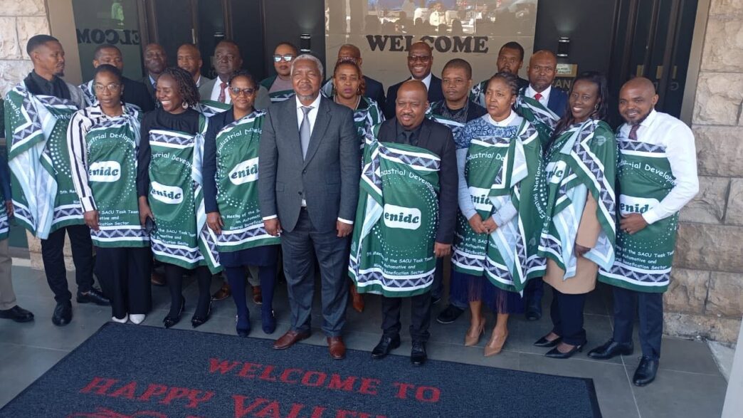 Under Secretary in the Ministry of Commerce, Industry and Trade Phesheya Dube poses with delegates attending the 5th SACU Task Team Meeting on Automotive and Mineral Beneficiation, hosted by the Kingdom of Eswatini. (Photo: Ministry of Commerce, Industry and Trade)