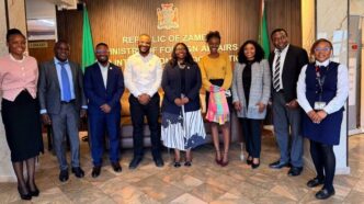 Permanent Secretary for International Relations and Cooperation Etambuyu Anamela Gundersen poses for a group photo with MTN Mobile Money Limited Zambia officials including Chief Product Officer Chikondi F. Mwanza and Remittance and Interoperability Manager Remmingtone T. Milambo following their meeting in Lusaka on 9 June 2026. | Photo: Ministry of Foreign Affairs and International Cooperation Zambia
