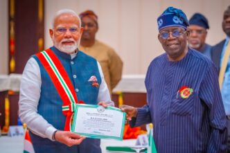 Nigerian President Bola Ahmed Tinubu and Indian Prime Minister Narendra Modi during their bilateral talks in Abuja on November 16, 2024. Modi's visit was the first by an Indian Prime Minister to Nigeria in 17 years.