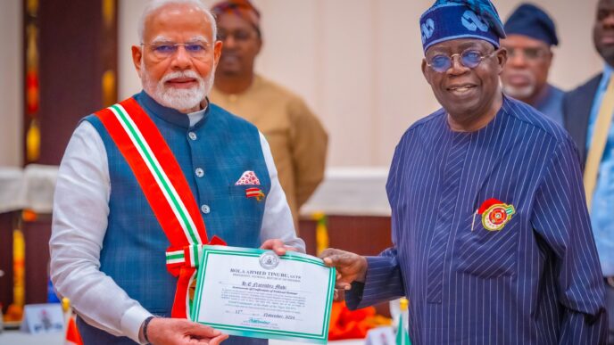 Nigerian President Bola Ahmed Tinubu and Indian Prime Minister Narendra Modi during their bilateral talks in Abuja on November 16, 2024. Modi's visit was the first by an Indian Prime Minister to Nigeria in 17 years.