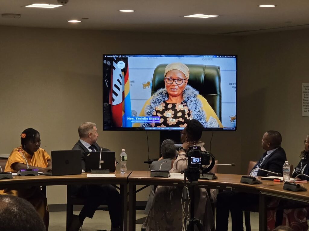 Deputy Prime Minister Thulisile Dladla and members of the Eswatini delegation watch a short documentary on the country's progress in disability inclusion during the COSP19 Side Event at the United Nations Headquarters in New York. Photo: Deputy Prime Minister's Office