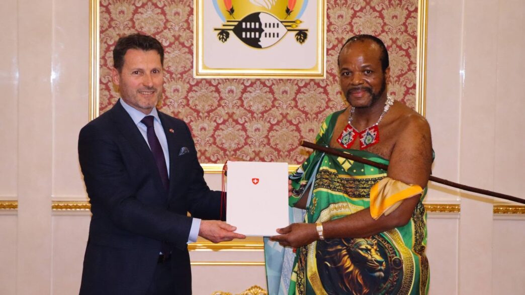 His Majesty King Mswati III receives letters of credence from incoming Swiss Ambassador H.E. Mirko Manzoni at Lozitha Palace. Photo: Eswatini Government