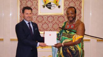 His Majesty King Mswati III receives letters of credence from incoming Swiss Ambassador H.E. Mirko Manzoni at Lozitha Palace. Photo: Eswatini Government