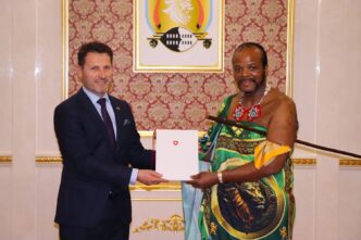 His Majesty King Mswati III receives letters of credence from incoming Swiss Ambassador H.E. Mirko Manzoni at Lozitha Palace. Photo: Eswatini Government