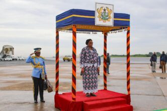 President Netumbo Nandi-Ndaitwah is welcomed on arrival in Accra