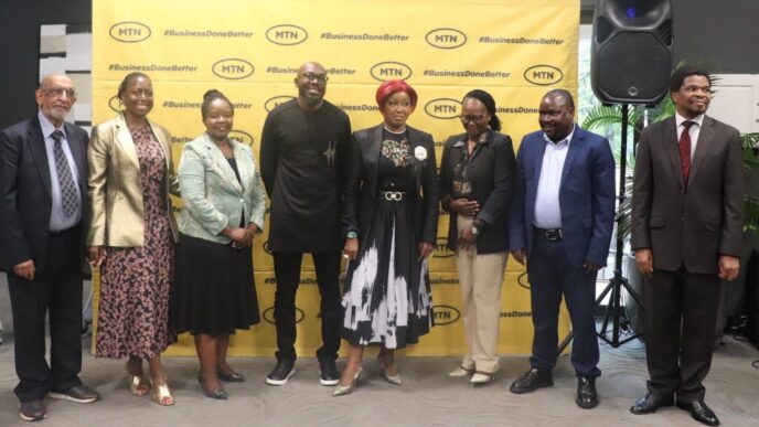 ICT Minister Savannah Maziya and MTN Eswatini Acting CEO Jerry Soko pose for a group photo with officials at the launch of TruMD eSwatini, MTN Umelusi Animal Tracking, and ContentHub eSwatini on Wednesday.
