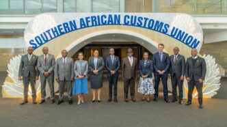 Finance and business ministers from SACU member states pose for a group photo during the Council of Ministers meeting. Photo by LENA