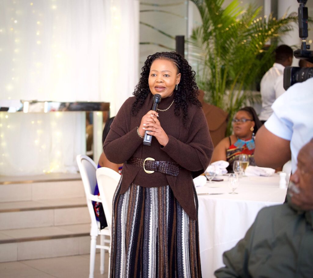 Minister of Foreign Affairs and International Trade Senator Pholile Shakantu addresses emaSwati students at a luncheon held in their honour in Cape Town, South Africa, where she announced a E5 000 gift from His Majesty King Mswati III to each of the 11 students present.
