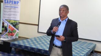 10:42 EWADE Chief Executive Officer Dr Samson Sithole addresses stakeholders at a meeting convened under the Smallholder Agriculture Productivity Enhancement and Marketing Project on Monday. Photo: EWADE