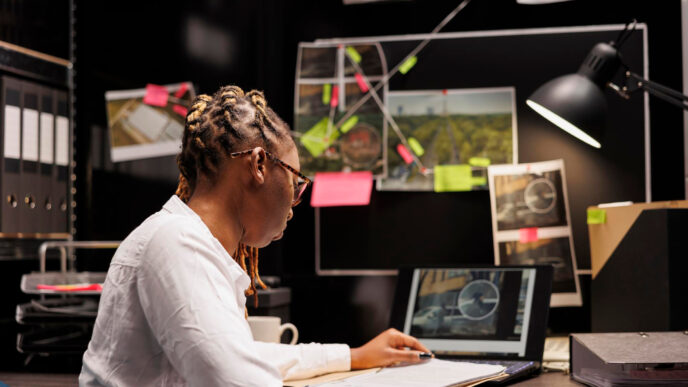 African american private detective studying clues in agency office DC Studio