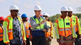 Prime Minister Russell Mmiso Dlamini and Minister of Natural Resources and Energy HRH Prince Lonkhokhela tour the Strategic Oil Reserve Facility under construction at Phuzamoya, Siphofaneni, accompanied by project stakeholders. (Photo: Supplied)
