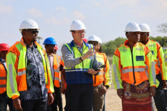 Prime Minister Russell Mmiso Dlamini and Minister of Natural Resources and Energy HRH Prince Lonkhokhela tour the Strategic Oil Reserve Facility under construction at Phuzamoya, Siphofaneni, accompanied by project stakeholders. (Photo: Supplied)