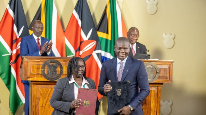 South Africa's Foreign Affairs Minister Ronald Lamola stands alongside his Kenyan counterpart as Presidents Cyril Ramaphosa and William Ruto look on during the State Visit in Pretoria. | Photo: X/@WilliamsRuto