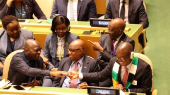Zimbabwe's Foreign Affairs and International Trade Minister Prof Amon Murwira receives congratulations following the country's election to a non-permanent seat on the UN Security Council at the UN General Assembly in New York on Wednesday. Photo: X/@MoFA_ZW