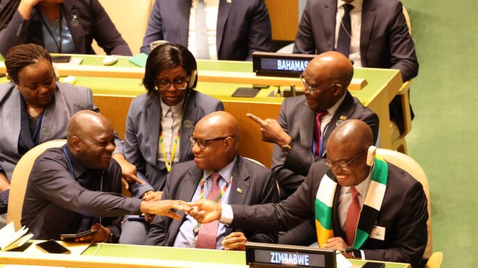 Zimbabwe's Foreign Affairs and International Trade Minister Prof Amon Murwira receives congratulations following the country's election to a non-permanent seat on the UN Security Council at the UN General Assembly in New York on Wednesday. Photo: X/@MoFA_ZW