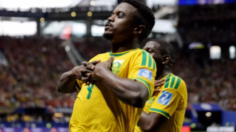 Teboho Mokoena celebrates scoring from the penalty spot for Bafana Bafana in their 2026 Fifa World Cup Group A (Claudio Greco/Reuters)