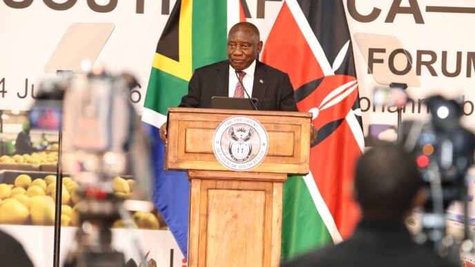 President Cyril Ramaphosa addresses the South Africa-Kenya Business Forum, where leaders pushed for stronger partnerships and increased intra-African trade to unlock economic opportunities for businesses and entrepreneurs across the continent. | Photo: X/@PresidencyZA
