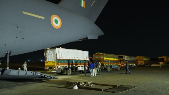 Medical supplies and protective equipment bound for the Africa Centres for Disease Control and Prevention are loaded onto a plane in India as part of the country's second emergency Ebola aid consignment to the African Union. Photo: X/@DrSJaishankar
