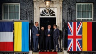 Ukrainian President Volodymyr Zelensky, British Prime Minister Keir Starmer, French President Emmanuel Macron and German Chancellor Friedrich Merz chatting after their meeting. Photo X/Volodymyr Zelensky