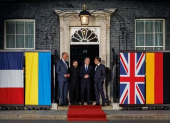 Ukrainian President Volodymyr Zelensky, British Prime Minister Keir Starmer, French President Emmanuel Macron and German Chancellor Friedrich Merz chatting after their meeting. Photo X/Volodymyr Zelensky