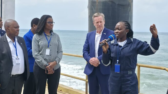Sim Tshabalala listens attentively as Dangote Petroleum Refinery officials walk him through the facility during a tour of the Lekki Free Zone complex in Lagos. The refinery recently completed performance test runs at 700,000 barrels per day, surpassing its original nameplate capacity of 650,000 barrels per day. | Photo: X/@DangoteGroup