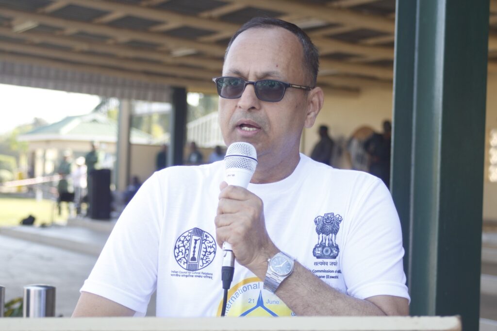 Second Secretary Shri Ajay Kumar Sharma addresses HMCS officers during the yoga session organised by the High Commission of India in Mbabane. Photo: High Commission of India, Mbabane
