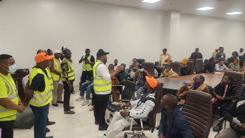 Nigerian returnees from South Africa arrive at Murtala Muhammed International Airport in Lagos on Wednesday night, as part of the Federal Government's ongoing evacuation exercise approved by President Bola Ahmed Tinubu. Photo: NIDCOM