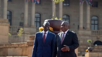 Kenyan President William Ruto and South African President Cyril Ramaphosa speak during the official welcome ceremony for Ruto's state visit, aimed at deepening economic, political, and strategic ties, at the Union Buildings in Pretoria, South Africa, June 4, 2026. REUTERS/Alet Pretorius