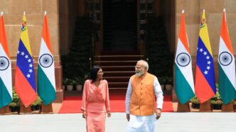 India's Prime Minister Narendra Modi walks with Venezuela's interim President Delcy Rodriguez before their meeting at the Hyderabad House in New Delhi, India, June 4, 2026. REUTERS/Adnan Abidi