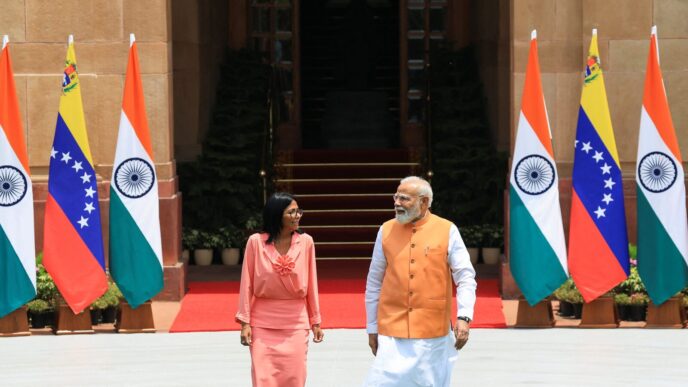 India's Prime Minister Narendra Modi walks with Venezuela's interim President Delcy Rodriguez before their meeting at the Hyderabad House in New Delhi, India, June 4, 2026. REUTERS/Adnan Abidi