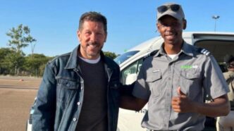 Diego Simeone, Atlético Madrid manager and the world's highest-paid football coach, pictured with a Mack Air employee at Maun International Airport before his charter flight into the Okavango Delta. (Photo: Ministry of Transport and Infrastructure — Botswana)