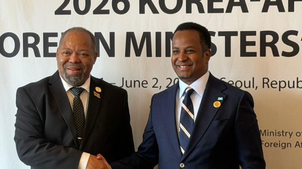 Eswatini's Minister of Economic Planning and Development Dr. Thambo Gina (left) and Somalia's Foreign Affairs and International Cooperation Minister Abdisalam Ali shake hands during their bilateral meeting on the sidelines of the Korea-Africa Ministerial Meeting in Seoul on Sunday. | Photo: MoFA Somalia