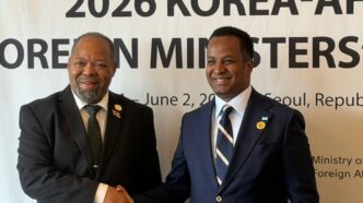 Eswatini's Minister of Economic Planning and Development Dr. Thambo Gina (left) and Somalia's Foreign Affairs and International Cooperation Minister Abdisalam Ali shake hands during their bilateral meeting on the sidelines of the Korea-Africa Ministerial Meeting in Seoul on Sunday. | Photo: MoFA Somalia