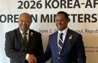 Eswatini's Minister of Economic Planning and Development Dr. Thambo Gina (left) and Somalia's Foreign Affairs and International Cooperation Minister Abdisalam Ali shake hands during their bilateral meeting on the sidelines of the Korea-Africa Ministerial Meeting in Seoul on Sunday. | Photo: MoFA Somalia