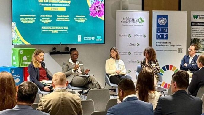 Mrs Doreen Walsweer-Sore, OACPS Secretariat Expert responsible for the implementation of the Samoa Agreement, speaks on a panel at UN House in Brussels during discussions on investing in nature under the Global Gateway framework. (Photo: OACPS Secretariat)