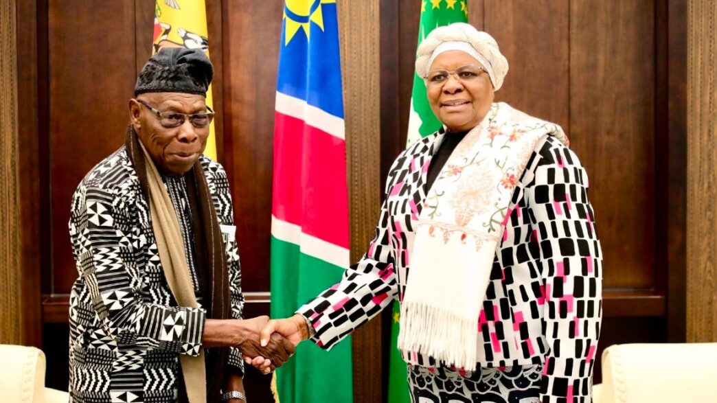 Namibian President Netumbo Nandi-Ndaitwah and former Nigerian President Olusegun Obasanjo during their courtesy visit meeting focused on trade, investment and global peace. (Photo: Namibian Presidency)