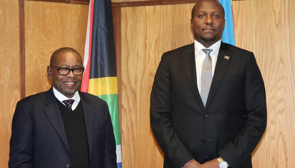 shorten the caption 17:56 Prime Minister Russell Mmiso Dlamini and South Africa's Higher Education Minister Dr Blade Nzimande during their meeting at the Private and Cabinet Office to discuss cooperation in education, science and ICT. (Photo: Eswatini Government)