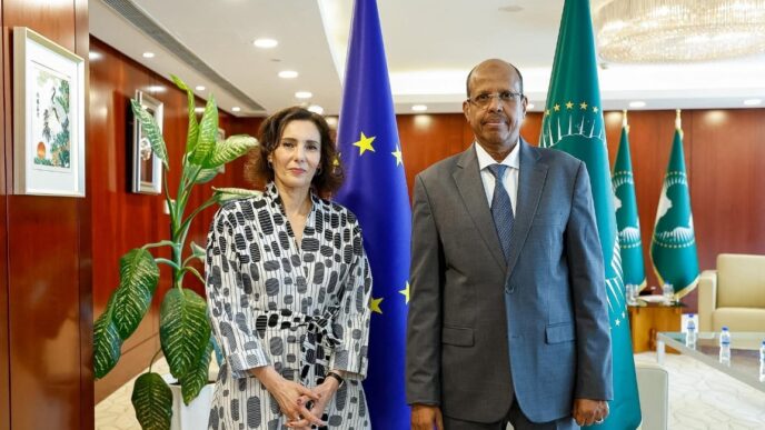 African Union Commission Chairperson Mahmoud Ali Youssouf and EU Commissioner for Equality, Preparedness and Crisis Management Hadja Lahbib at AU Headquarters in Addis Ababa, where the two leaders met to discuss health emergencies, the situation in eastern DRC and the AU-EU strategic partnership. (Photo: African Union)