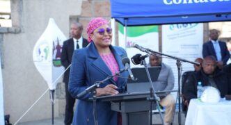 Lesotho Minister of Information, Communications, Science, Technology and Innovation Nthati Moorosi addresses guests at the sod-turning ceremony for the Digital Outreach Studio at Makoanyane Square in Maseru. Picture: Lesotho Ministry of Information, Communications, Science, Technology and Innovation