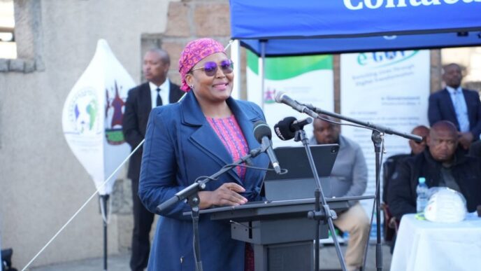 Lesotho Minister of Information, Communications, Science, Technology and Innovation Nthati Moorosi addresses guests at the sod-turning ceremony for the Digital Outreach Studio at Makoanyane Square in Maseru. Picture: Lesotho Ministry of Information, Communications, Science, Technology and Innovation