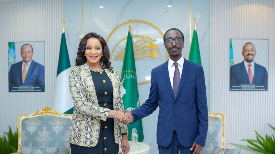 Ethiopia's Minister of Foreign Affairs Gedion Timothewos and Nigeria's Foreign Affairs Minister Ambassador Bianca Odumegwu-Ojukwu shake hands during bilateral talks in Addis Ababa. | Photo: Ministry of Foreign Affairs of Ethiopia