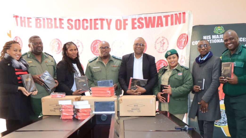 Officials from Bible Society Eswatini and His Majesty's Correctional Services pose together following the handover of 270 Bibles and two Audio Bibles at the Bible Society Eswatini offices in Mahlanya, Manzini. Photo: His Majesty's Correctional Services