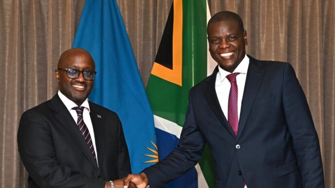South Africa's Minister of International Relations and Cooperation, Ronald Lamola, poses for a photo with Rwanda's Minister of Foreign Affairs and International Cooperation, Olivier J.P. Nduhungirehe, during a working visit in Pretoria where the two ministers held talks aimed at normalising relations between their countries. Photo: X/@RonaldLamola
