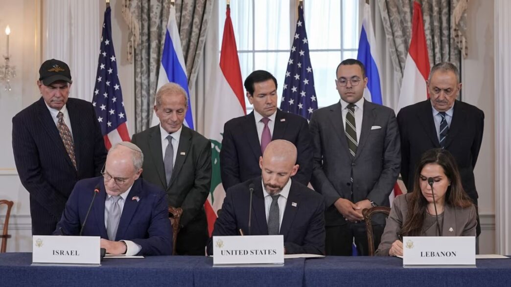 US Secretary of State Marco Rubio looks on as Israel and Lebanon sign a framework agreement in Washington, DC on Friday. Ken Cedeno/Reuters