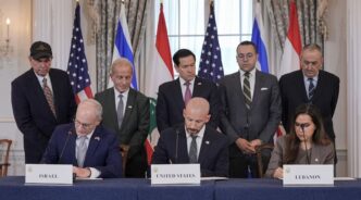 US Secretary of State Marco Rubio looks on as Israel and Lebanon sign a framework agreement in Washington, DC on Friday. Ken Cedeno/Reuters