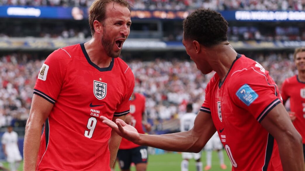 Harry Kane celebrates with Jude Bellingham scoring to make it 2-0 to England in New Jersey. Photograph: Mattia Ozbot/Getty Images