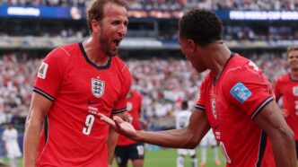 Harry Kane celebrates with Jude Bellingham scoring to make it 2-0 to England in New Jersey. Photograph: Mattia Ozbot/Getty Images
